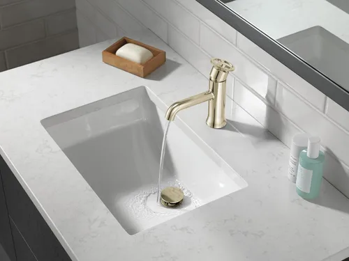 Vista 2 de Delta Trinsic - Grifo de baño de 1 agujero con mango de rueda, níquel pulido, grifo de fregadero de baño de un solo agujero, ensamblaje de drenaje