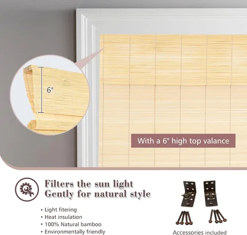 Vista 2 de Persianas romanas de bambú inalámbricas, persianas opacas beige, persianas de bambú para ventanas, puertas, puerta francesa