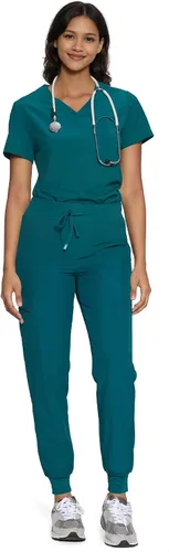 Vista 15 de floralhue Conjunto de ropa quirúrgica para mujer con cuello en V y Negro