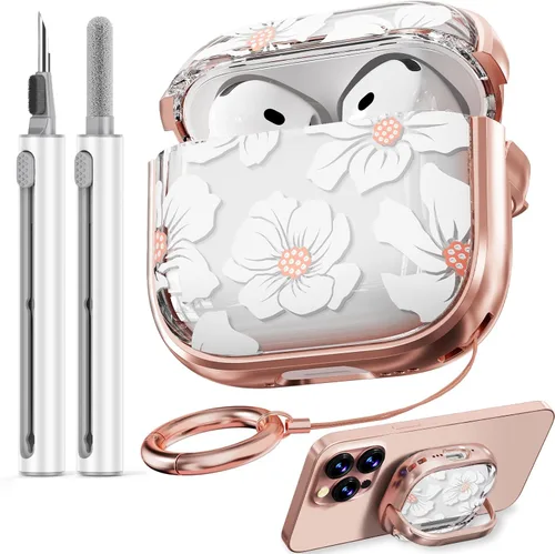 Vista 38 de Inesore Funda con bloqueo de seguridad para AirPods 4 2024, bonita funda floral para AirPod de 4ª generación para mujeres con kit limpiador