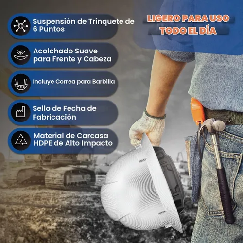 Vista 3 de Casco de construcción OSHA de ala completa con diseño de tatuaje/calavera, acabado mate, con suspensión de 6 puntos