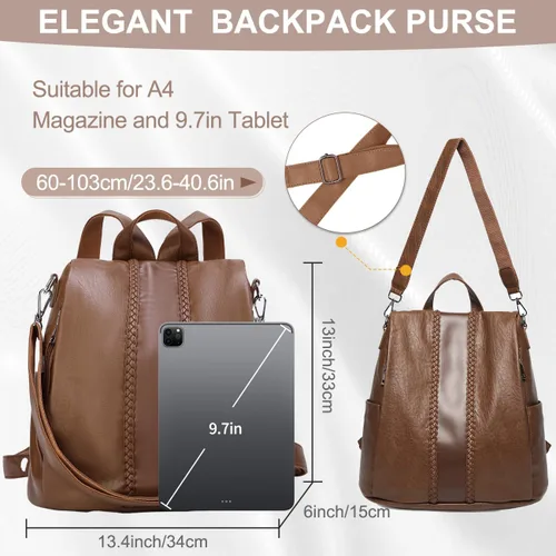 Vista 2 de VASCHY - Mochila para mujer, de piel sintética, moderna, antirrobo, mochila para mujer, con tejido clásico., Marrón), VAAU061BR