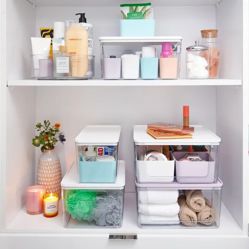Vista 6 de Rosanna Pansino x iDesign - Tocadiscos divididos de plástico reciclado Lazy Susan con tapa, contenedor transparente/divisor de chispas de lavanda