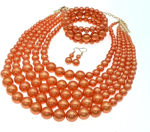 Vista 4 de JNF Collares grandes de perlas de imitación para mujer, collar de perlas de múltiples hebras, pulsera y aretes, collar de perlas para disfraz