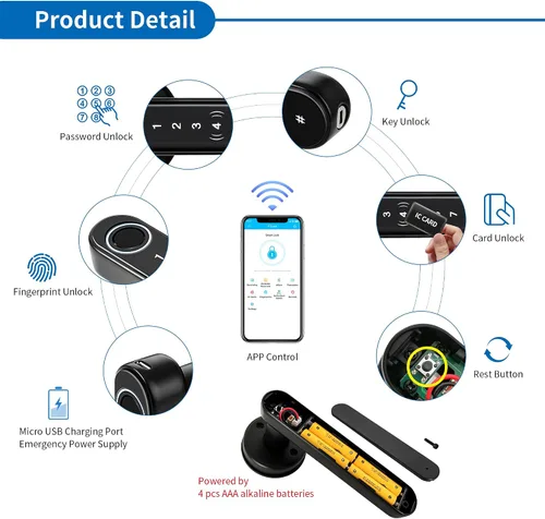 Vista 2 de CATCHFACE Cerradura inteligente de huellas dactilares, habilitada para WiFi, cerradura de puerta biométrica con aplicación gratuita, comparte Ekey