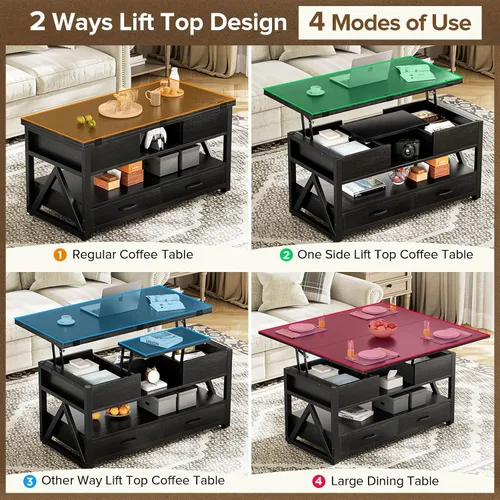 Vista 3 de Memobarco Mesa de Centro con Tapa Elevable de 40", Mesas de Centro Elevables Multifunción 4 en 1 con Cajones de Almacenamiento y Compartimento