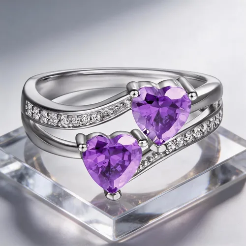 Vista 4 de Anillo de promesa de boda con topacio azul y blanco, chapado en plata de ley 925, con doble corazón