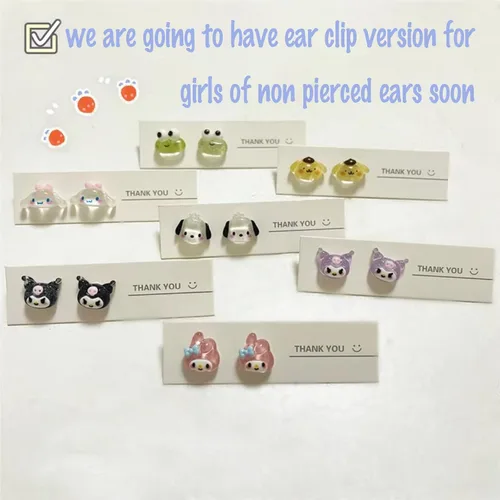 Vista 4 de Bonitos aretes de melodía de personajes de dibujos animados para mujeres y niñas, encantadores My Melody and Kurmi, aretes de animales de rana
