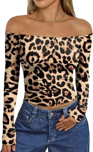 Vista 10 de Trendy Queen Camisetas básicas sexy para mujer con hombros descubiertos Azul