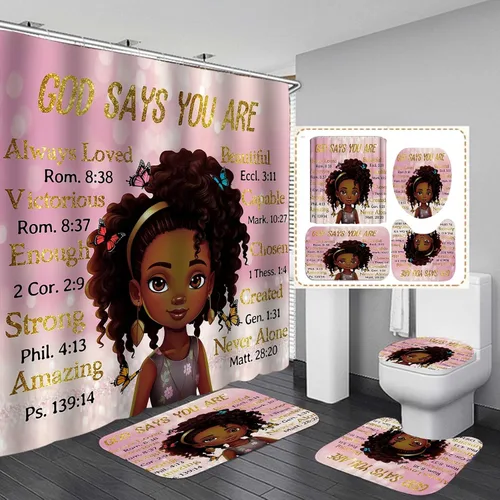 Vista 19 de Jayden Madge - Juego de 4 cortinas de ducha para mujer afroamericana, citas inspiradoras, atardecer, safari, animales, tribal, niña afro, orgullosa