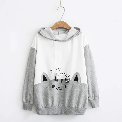 Vista 2 de Sudadera con capucha para mujer, estilo kawaii japonés, con bolsillo y estampado de gato, manga larga