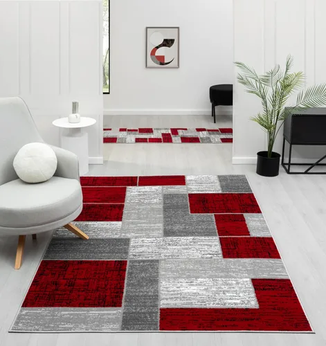 Vista 12 de L'Baiet Verena - Alfombra geométrica roja y gris de 8 x 10 pies, alfombra de área grande para sala de estar, dormitorio, mesa de comedor, oficina