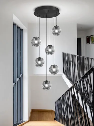 Vista 35 de ykolupty Lámpara colgante negra de 1 luz moderna de globo de vidrio gris ahumado, luces colgantes para isla de cocina, luces colgantes ajustables