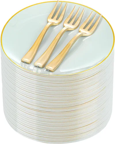Vista 9 de Festiva 200 Piezas Platos de Postre Negro y Dorado de 6.3" con Tenedores de Plástico de 5"- Platos Desechables Pequeños- Platos de Plástico