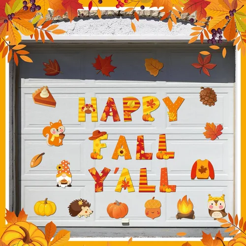 Vista 2 de Landhoow 30 imanes de puerta de garaje con texto en inglés «Hello Fall» para decoración de calabaza, hoja de arce, Acción de Gracias