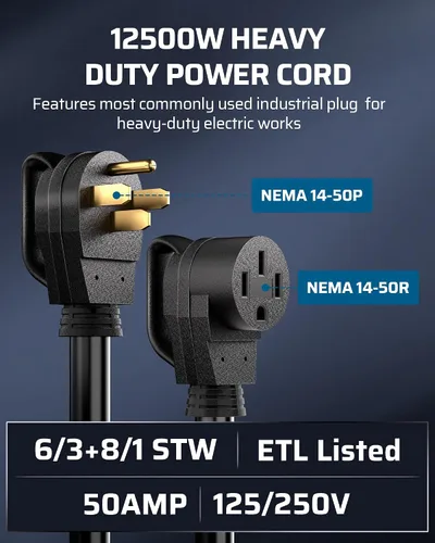 Vista 3 de DEWENWILS Cable de extensión EV RV de 50 amperios, 10 pies, NEMA 14-50P a 14-50R 6/3+8/1 cable de cobre, cable de alimentación EV resistente