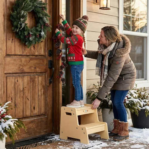Vista 5 de Taburete de madera barnizado para niños – Taburete infantil de 2 pasos con asas, madera contrachapada de abedul, base antipunta y esquinas