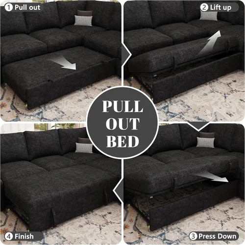 Vista 7 de Sofá modular modular de 85 pulgadas con cama extraíble, sofá cama Negro