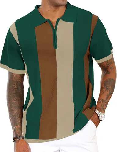 Vista 14 de Camisas polo de moda para hombre, camisas de punto vintage a rayas, camisas de golf casuales ajustadas