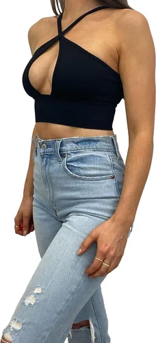 Vista 3 de Anova Top corto negro sexy con corte entrecruzado, agujero de cerradura debajo del pecho, cuello en V profundo profundo, top halter para salir