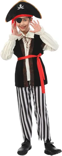 Vista 3 de TICIFEN Disfraz de pirata para niños, juego de rol de pirata, abrigo para niños, pantalones, sombrero con accesorios, juego de lujo para fiesta