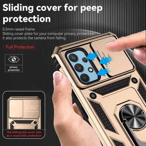 Vista 2 de Funda para Galaxy A32 4G, Samsung A32 4G SM-A325F con protector de pantalla de vidrio templado y cubierta de cámara deslizante, anillo magnético