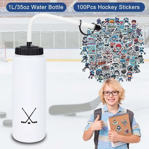 Vista 2 de Regalos de hockey RhythmFit, paquete de 1 botella de agua de hockey con pajita larga y 100 piezas de calcomanías y accesorios para niños, hombres
