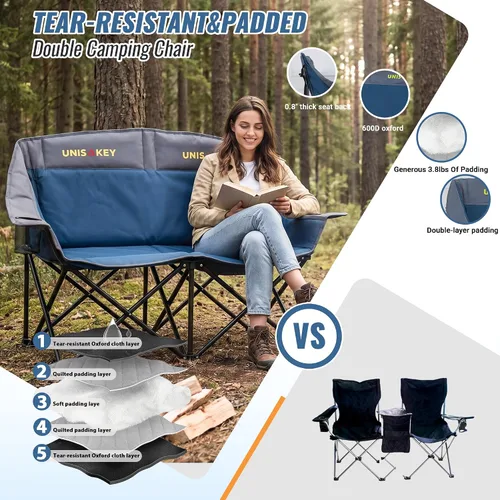 Vista 4 de Unisakey Silla de campamento doble, sofá biplaza acolchado de gran tamaño, silla plegable resistente de 650 libras con portavasos y bolsa de Azul