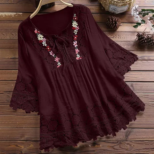 Vista 2 de Blusas de algodón y lino con lazo para mujer, estilo vintage, de encaje, retazos, media manga, elegante, con bordado, top elegante