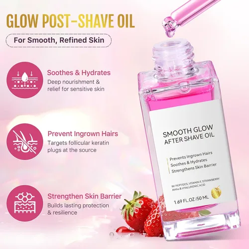 Vista 2 de Aceite para después del afeitado para mujeres para una piel suave, aceite de afeitar de fresa con péptidos y ácido hialurónico, prevención de golpes