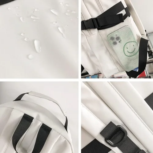 Vista 9 de Bonita mochila estética para la escuela con bonito colgante, mochila casual para estudiantes de medio viaje, universidad, Negro -, Grande, Mochilas