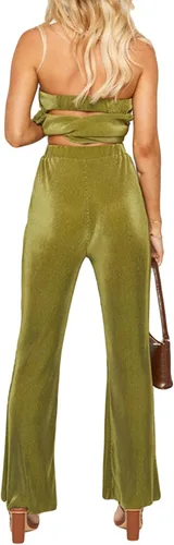 Vista 3 de NUFIWI Conjunto sexy de 2 piezas de pantalones sin tirantes para mujer, con hombros descubiertos, pantalones plisados de pierna ancha, trajes