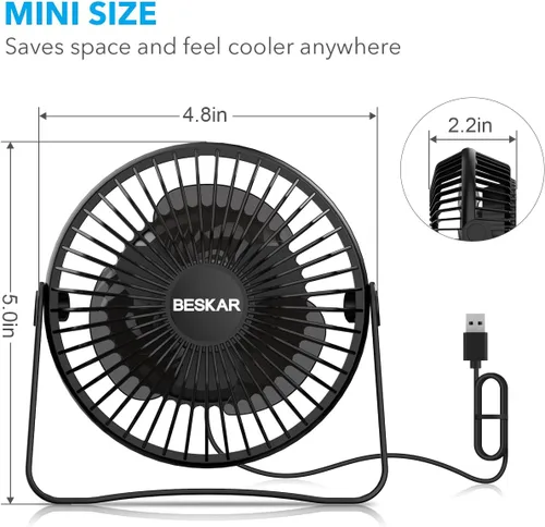 Vista 8 de BESKAR Ventilador de escritorio pequeño USB, ventiladores portátiles con 3 velocidades de flujo de aire fuerte, funcionamiento silencioso y rotación