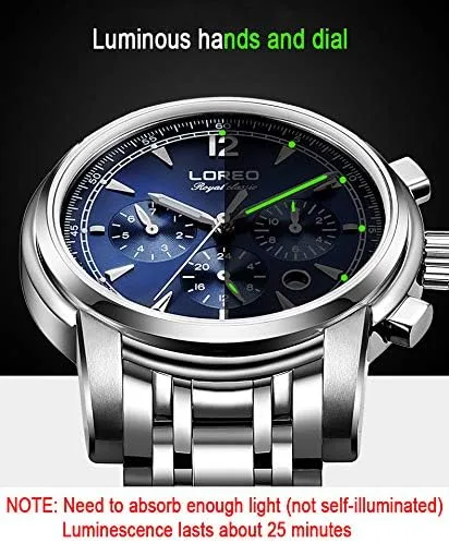 Vista 6 de LOREO Reloj de hombre automático multifunción de zafiro plateado de acero inoxidable con fecha, esfera negra, resistente al agua