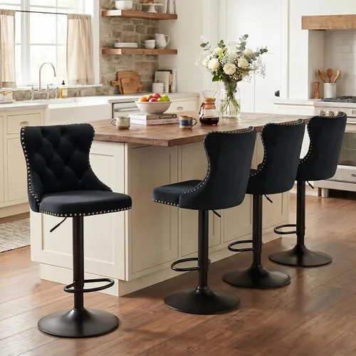 Vista 306 de SoarFlash Juego de 2 taburetes de bar tapizados de terciopelo moderno con patas de madera, botones acolchados, cabeza de clavo cromada, asiento