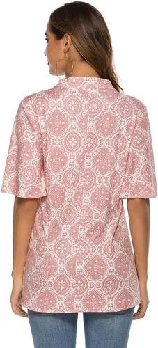 Vista 5 de HOCOSIT - Camiseta de manga corta con olanes y cuello en V con estampado de flores, plisada y abotonada, para mujer