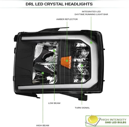 Vista 3 de 7422441821830 Compatible con Chevy Silverado 2007-2013 1500/2007-2014 2500 3500 HD DRL LED Strip Bar Faros delanteros con reflector ámbar