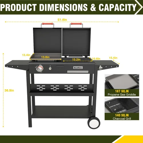 Vista 2 de Bestfire Mesa de Parrilla al Aire Libre Robusta con Ruedas - Carro de Cocina Móvil para Acampar para Planchas, Parrillas y Cocinas al Aire Libre