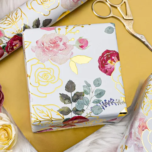 Vista 6 de Merture Rollo de Papel de Regalo con Rosas de Acuarela - 17 Pulgadas x 32.8 Pies (46.5 pies cuadrados) Papel de Regalo Floral de Papel Aluminio