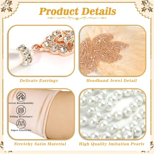 Vista 5 de cridoz Accesorios de flapper para mujer, accesorios de flapper de los años 20, accesorios de Gatsby de los años 20, accesorios para mujer (beige)