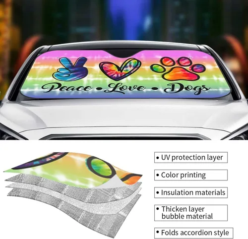 Vista 3 de YETTA YANG - Parasol para parabrisas delantero con diseño de arcoíris, amor, paz, patas de perros, protector plegable para el sol del automóvil