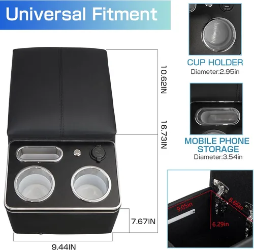 Vista 3 de Caja de Almacenamiento de Reposabrazos Mejorada con Portavasos y Soporte para Teléfono para Automóvil y Camioneta y Camión Piso Cabina Asiento