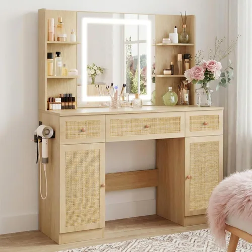 Vista 9 de Yechen - Tocador de 35" estilo bohemio con espejo iluminado con LED y regleta de enchufes, juego de mesa de maquillaje de madera con cajones