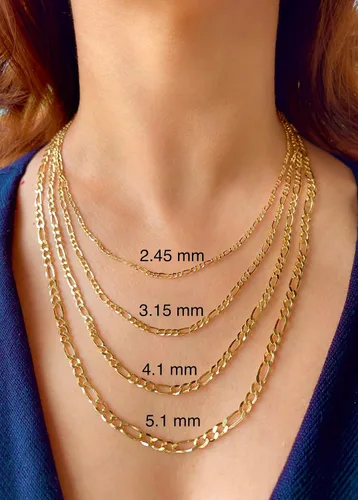 Vista 3 de JEWELHEART Cadena Figaro de oro real de 14 quilates 0.096 in, 0.124 in, 0.161 in, 0.201 in, 0.224 in, collar de eslabones cubanos de corte