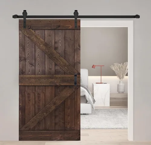 Vista 30 de Serie K. Puerta corredera de granero de madera maciza acabada con kit de herrajes (marrón/nogal, 24 x 84 pulgadas)