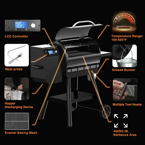 Vista 2 de Parrilla ahumadora de pellets de madera con control LCD, área de cocción de 456 in², parrilla de pellets con alimentación automática y eliminación