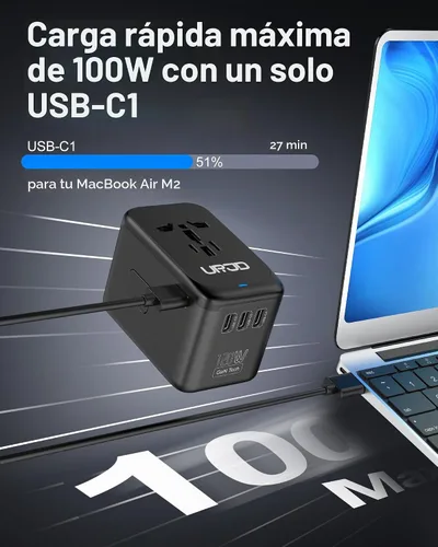 Vista 3 de Universal Travel Adapter 120W GaN Fast Charger for Europe UK US GaN 120W-Negro+Gris