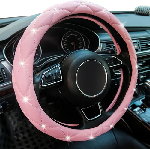 Vista 7 de funda de piel para volante, con diamantes de imitación, suave, bonita y antideslizante, para mujeres y niñas, para volantes de 15 pulgadas Negro