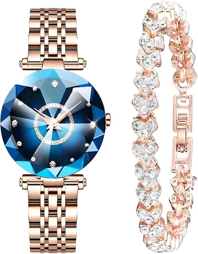 Vista 13 de Relojes de mujer con pulsera oro rosa para dama elegante correa de acero inoxidable moda analógico creativo diamante dial reloj de pulsera