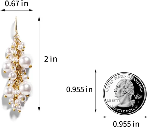 Vista 4 de Aretes largos de perlas doradas para mujer, aretes colgantes de perlas blancas con borlas para adolescentes, niñas, cumpleaños, día de San Valentín